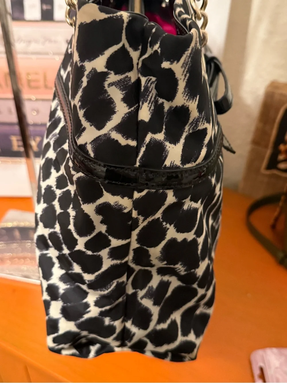 kate spade Black and White Leopard Print Shoulder Bag with Gold Chain Handles